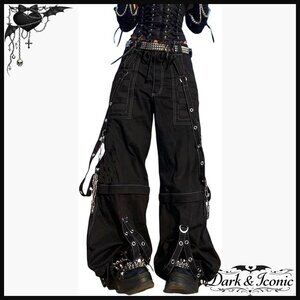 High Waisted Baggy Bootcut Jeans with Strap Chain Detail Wide Leg Denim